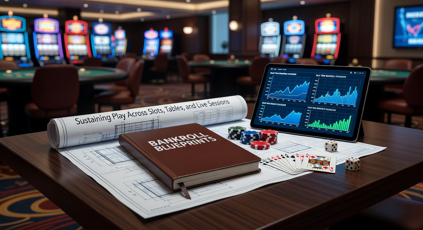 Grafik eines detaillierten Bankroll-Plans mit Slots, Tischspielen und Live-Sessions, die verschiedene Strategien visualisieren