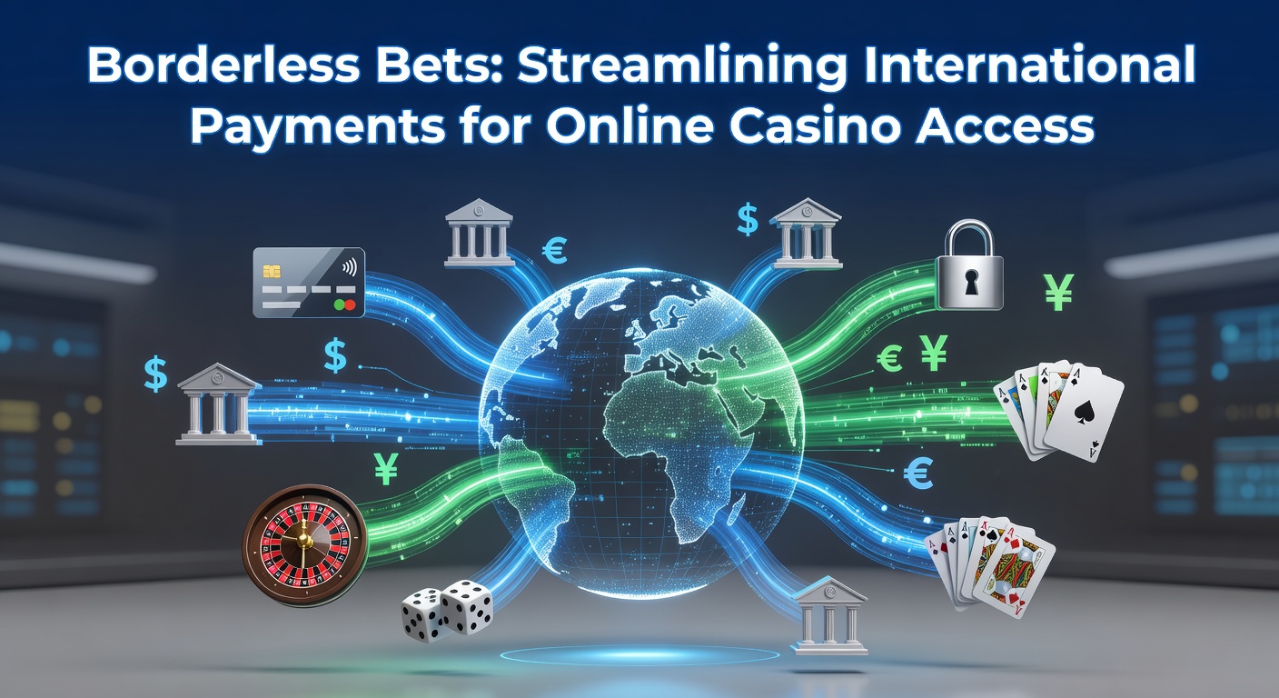 Globale Karte mit Zahlungsströmen und Online-Casino-Symbolen, die grenzüberschreitende Transaktionen illustrieren