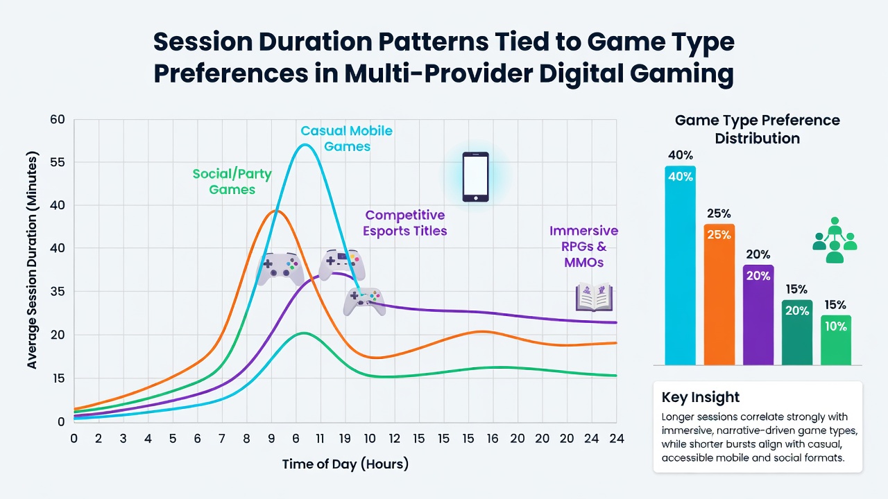 Diagramme zu Spieltyp-Präferenzen und durchschnittlichen Sitzungsdauern in digitalen Multi-Provider-Umgebungen