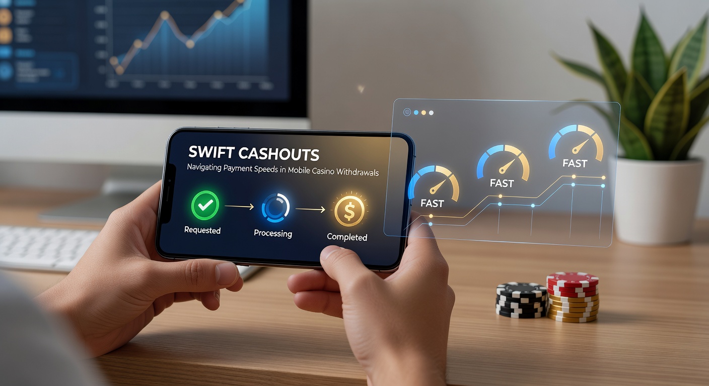 Smartphone mit Casino-App und schnellen Auszahlungssymbolen auf dem Bildschirm, das die Bequemlichkeit mobiler Transaktionen symbolisiert